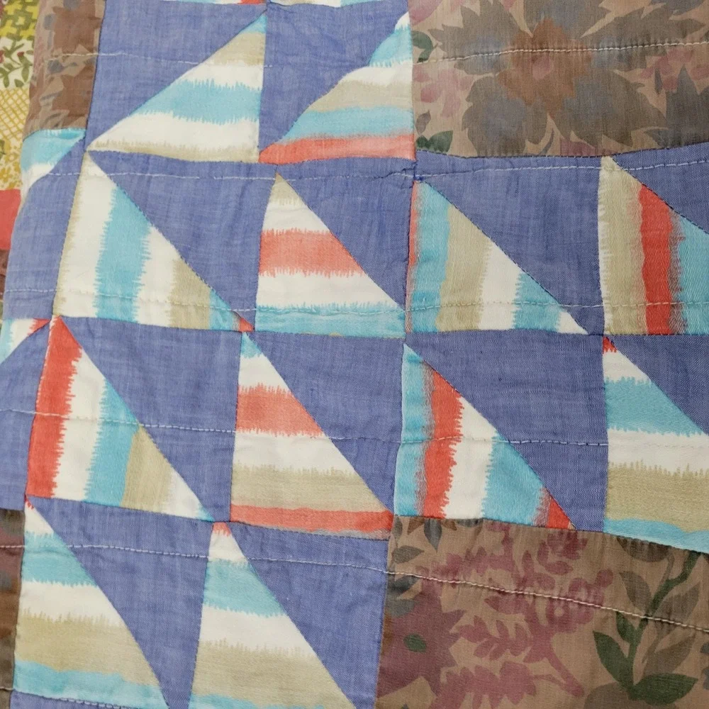 Vtg Handmade Patchwork Quilt Reversible 74x69 Farmhouse Throw Machine Stitch